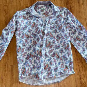 Alan Flusser Paisley Taupe White Cotton Long Sleeve Shirt Buttons Down M